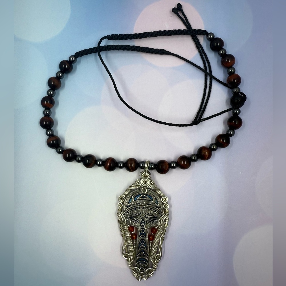 Silver and Brown Beaded Pendant Necklace